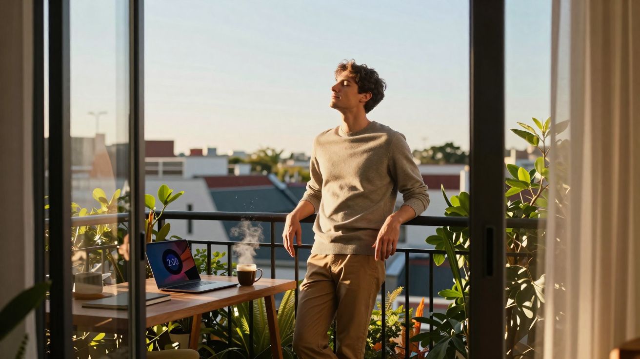 Homem relaxa na varanda ao amanhecer, com computador portátil e chá quente na mesa ao lado.