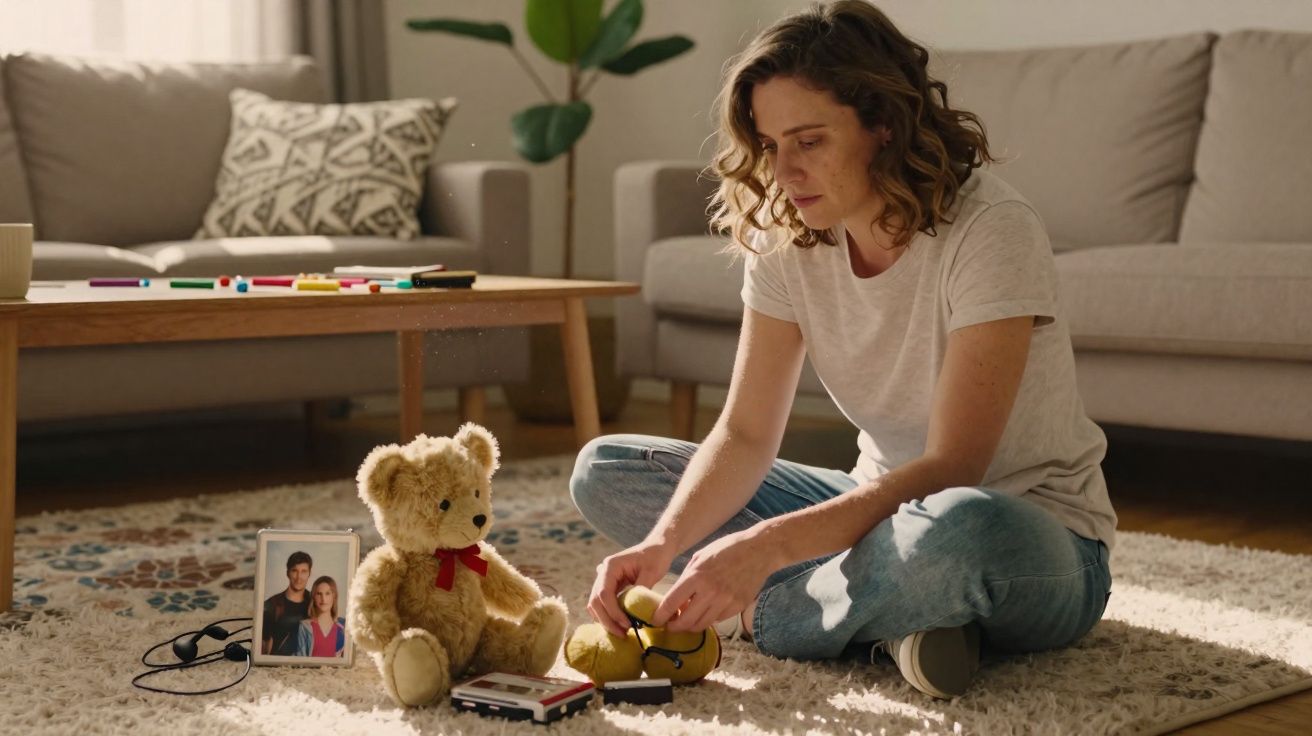 Mulher sentada no chão da sala a arrumar brinquedos, com ursos de peluche e fotografia família à frente.