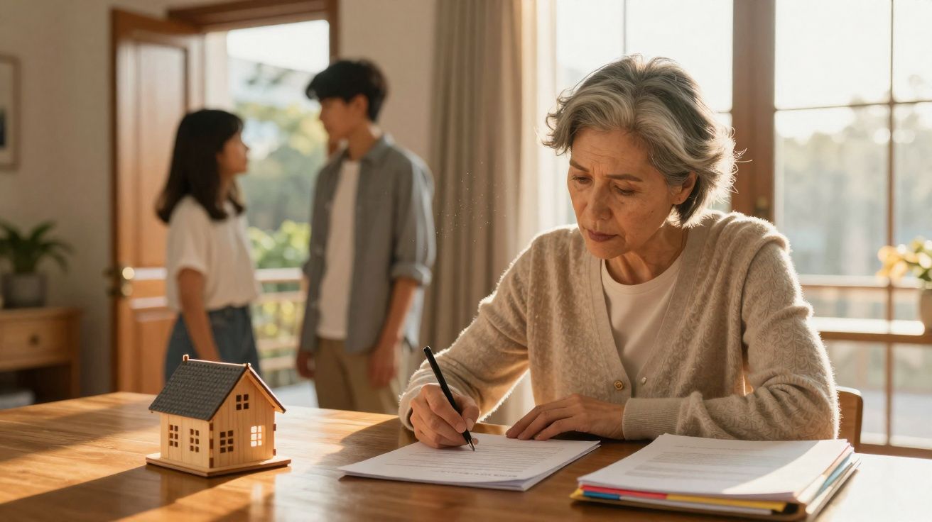 Mulher idosa a assinar documentos numa mesa com casal jovem ao fundo e miniatura de casa.