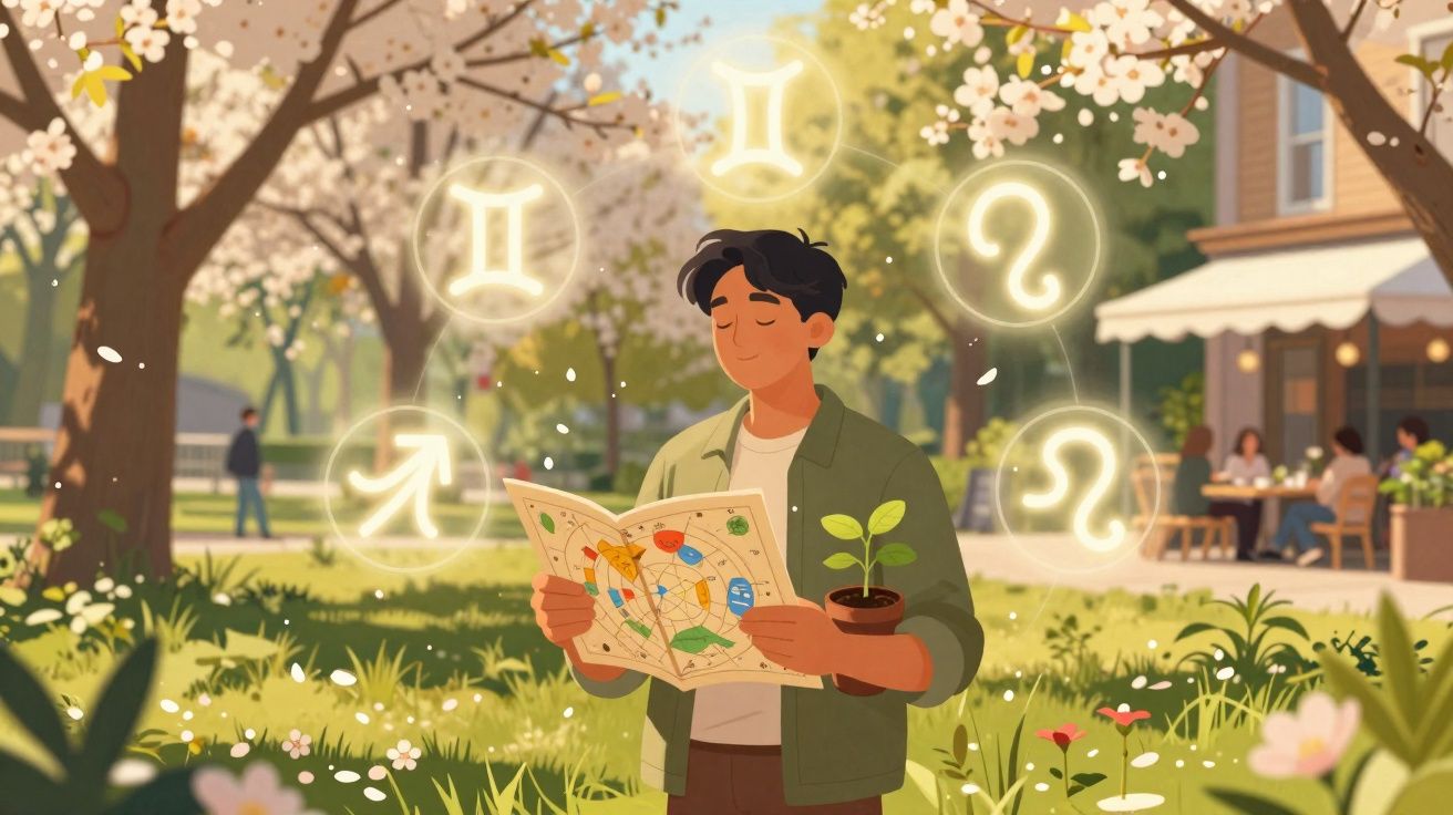 Homem tranquilo lê mapa ao ar livre rodeado por símbolos astrológicos e flores na primavera.