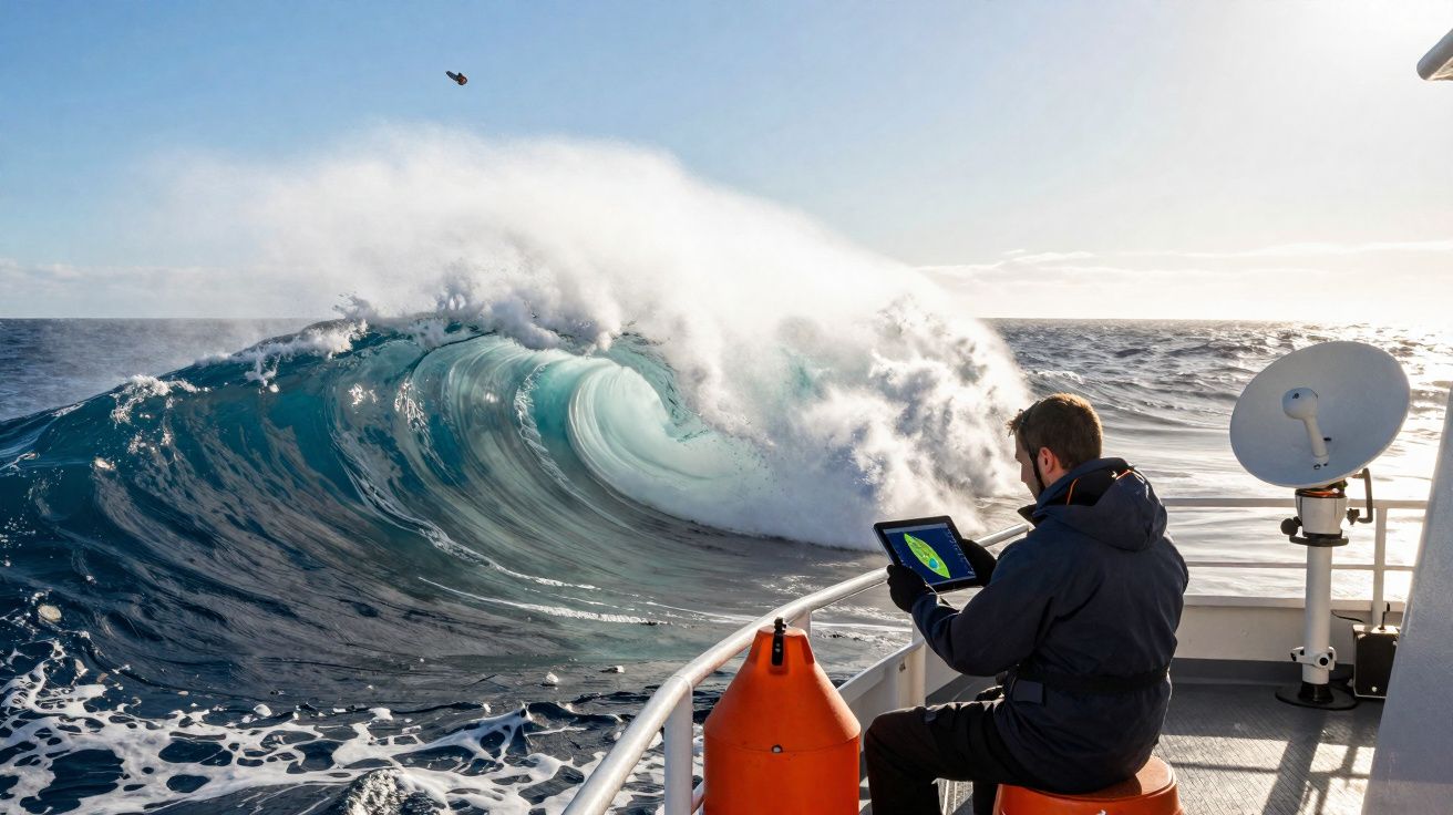 Homem a analisar dados num tablet a bordo de barco perto de uma grande onda no mar aberto ao entardecer.