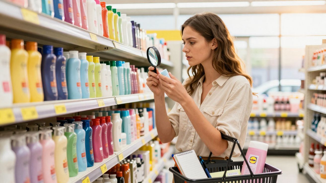 Mulher a usar lupa para ler rótulo de produto numa prateleira de supermercado, com cesto de compras.