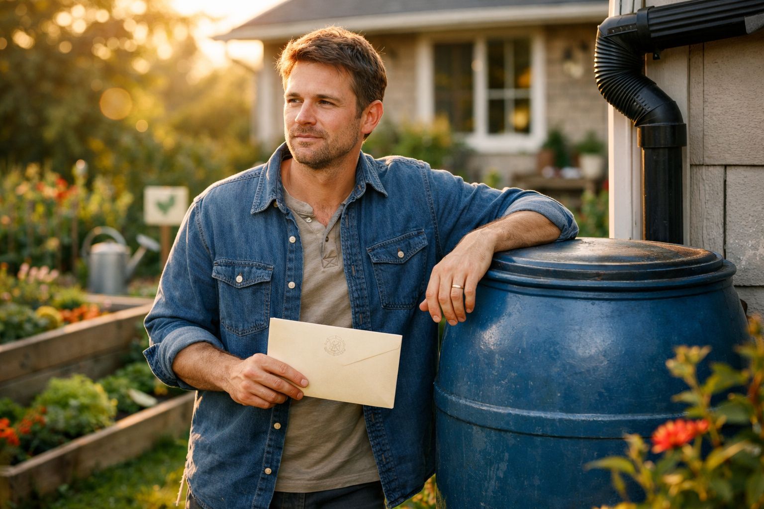 Homem jovem com camisa azul ácido segura envelope e repousa braço em tambor azul num jardim ao pôr do sol.