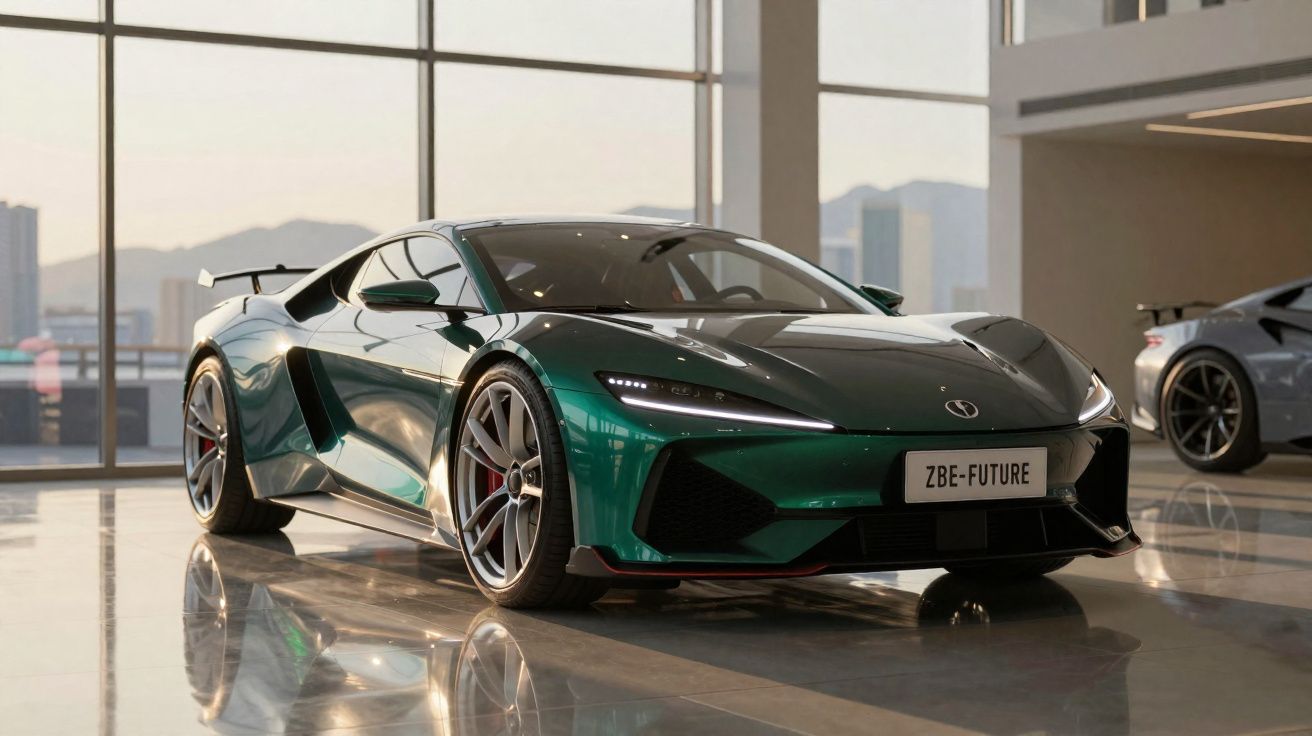 Carro desportivo verde metálico estacionado em sala com grandes janelas e reflexo no chão polido.