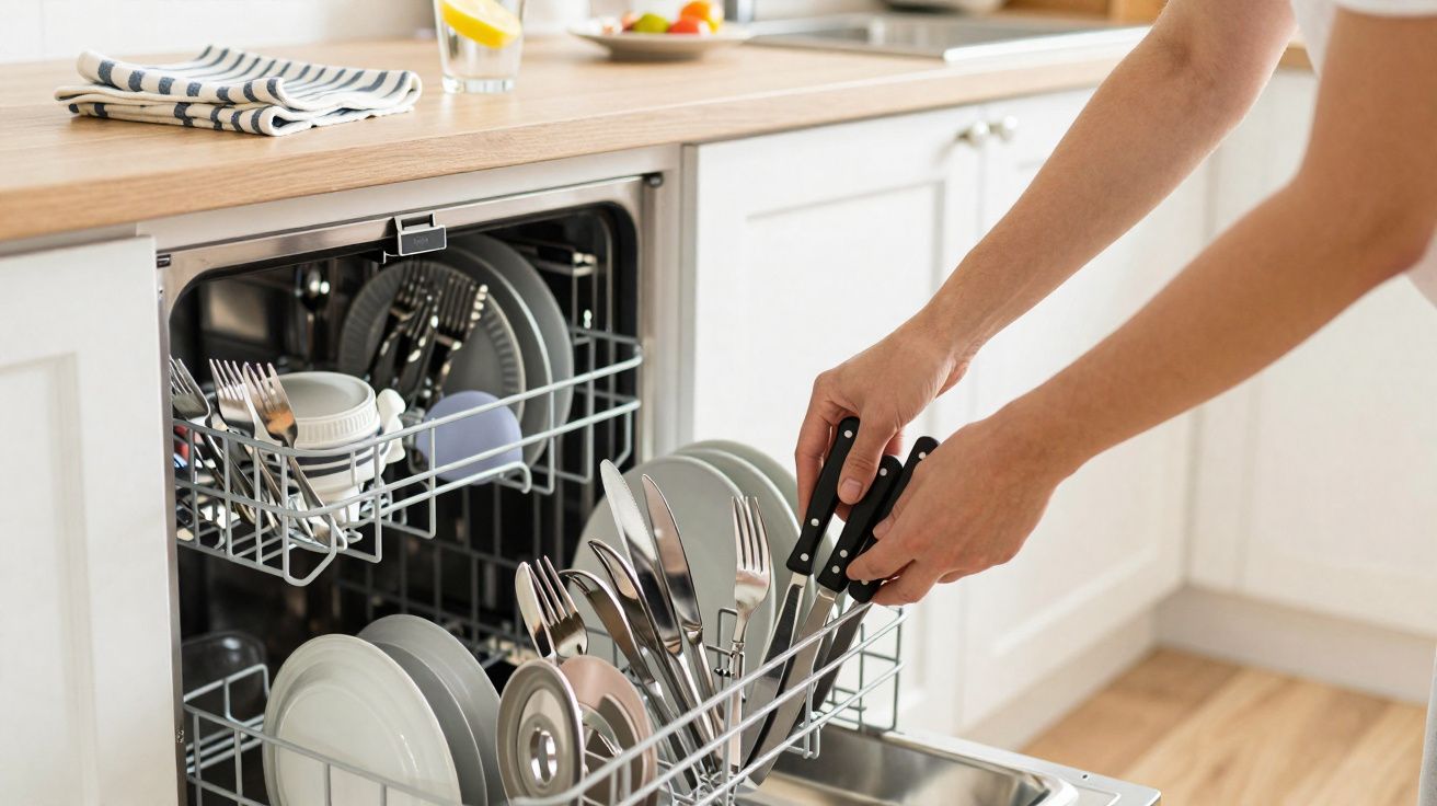 Pessoa a retirar facas de lavavajillas embutido numa cozinha moderna com loiça organizada.