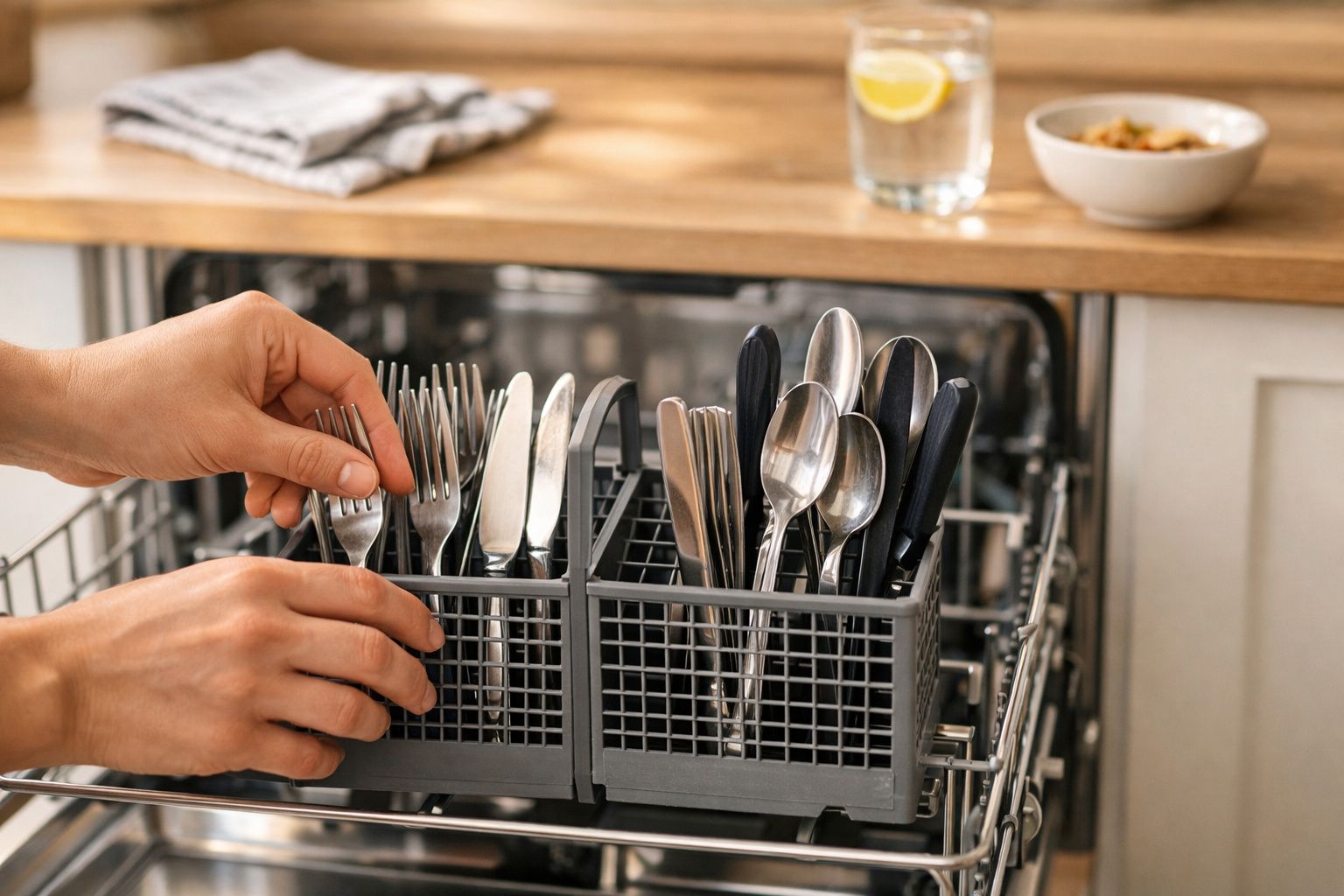 Mãos a colocar talheres limpos numa cesta de máquina de lavar loiça numa cozinha.