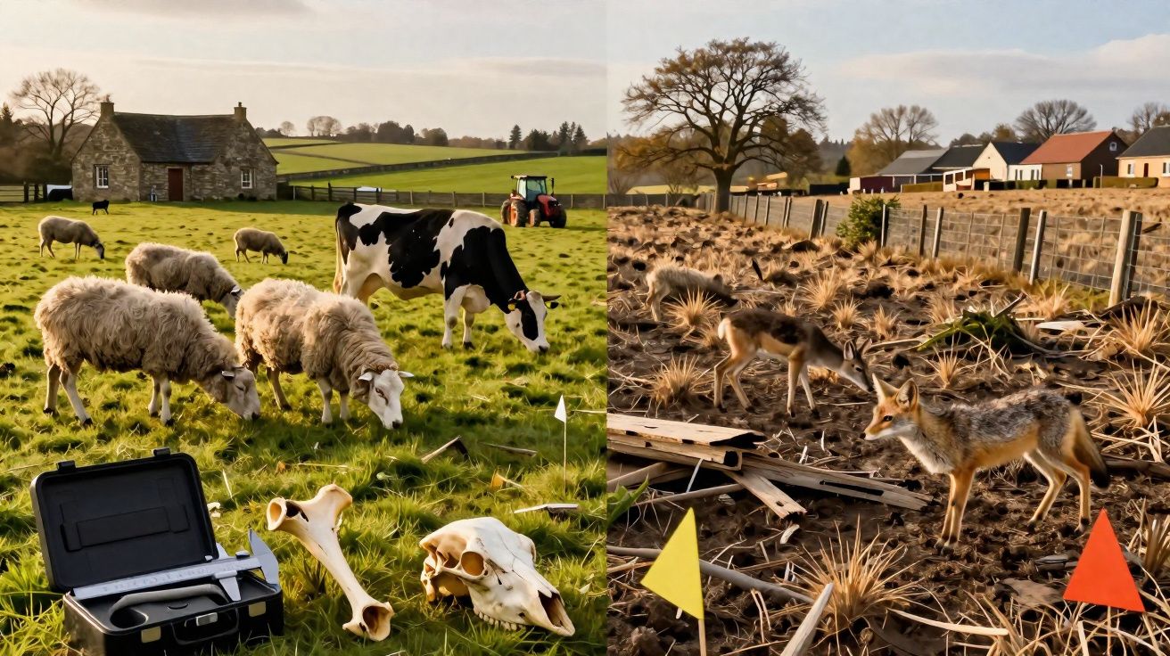 Campo verde com ovelhas e vaca, e campo seco com dois coiotes, ao longe casas e árvores.