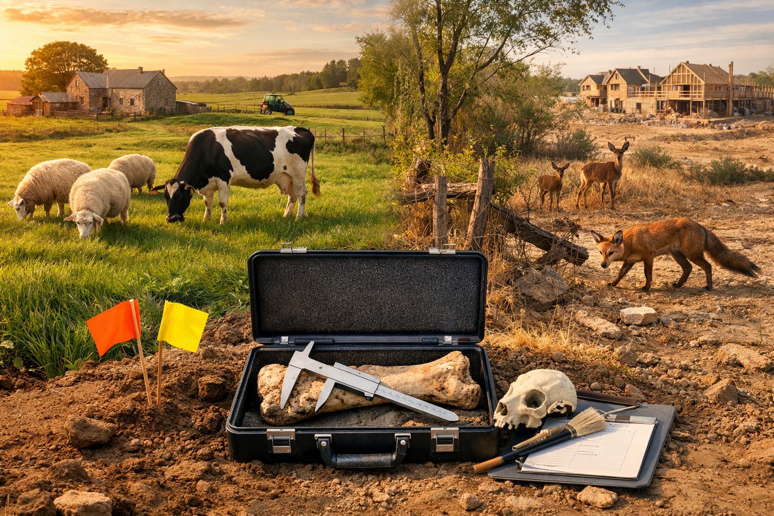 Campo com animais, ossos fósseis num estojo e instrumentos de arqueologia ao ar livre.