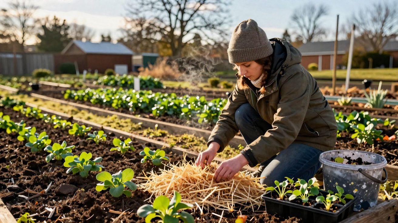 Pessoa a cuidar de plantas numa horta, a colocar palha ao redor das mudas para proteger o solo.