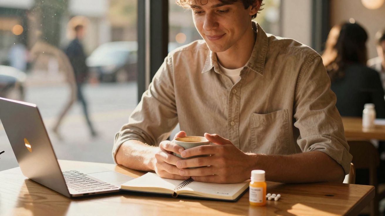Jovem sentado numa mesa com portátil, caderno, medicamento e segurando uma chávena de café junto a uma janela.
