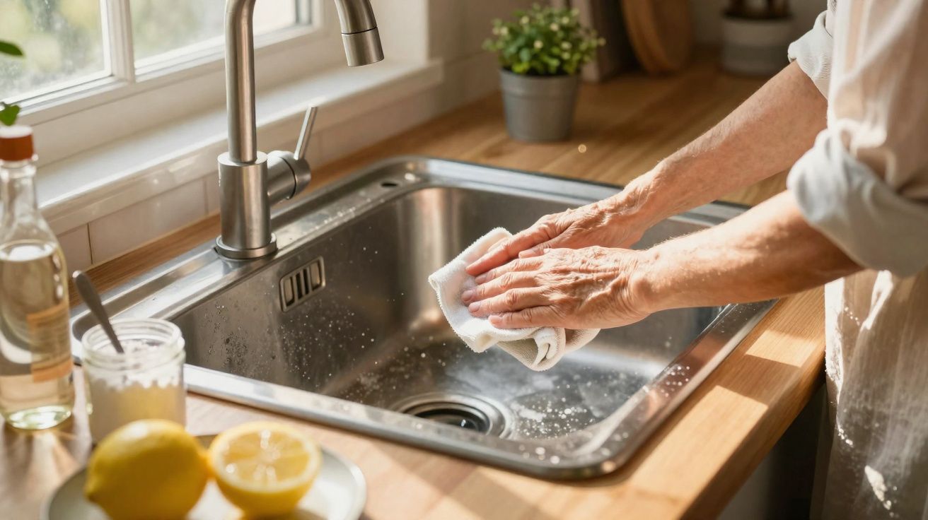 Pessoa a limpar uma pia de cozinha em aço inoxidável com pano branco perto de limões e jarra.