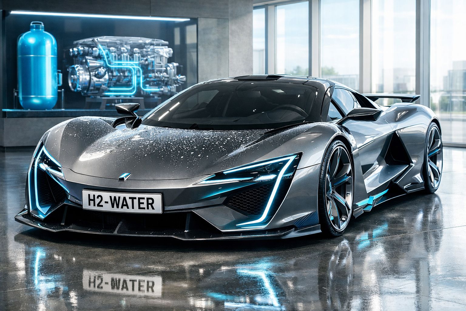 Carro desportivo futurista cinzento com luzes azuis e matrícula H2-WATER numa garagem moderna com motor holográfico.