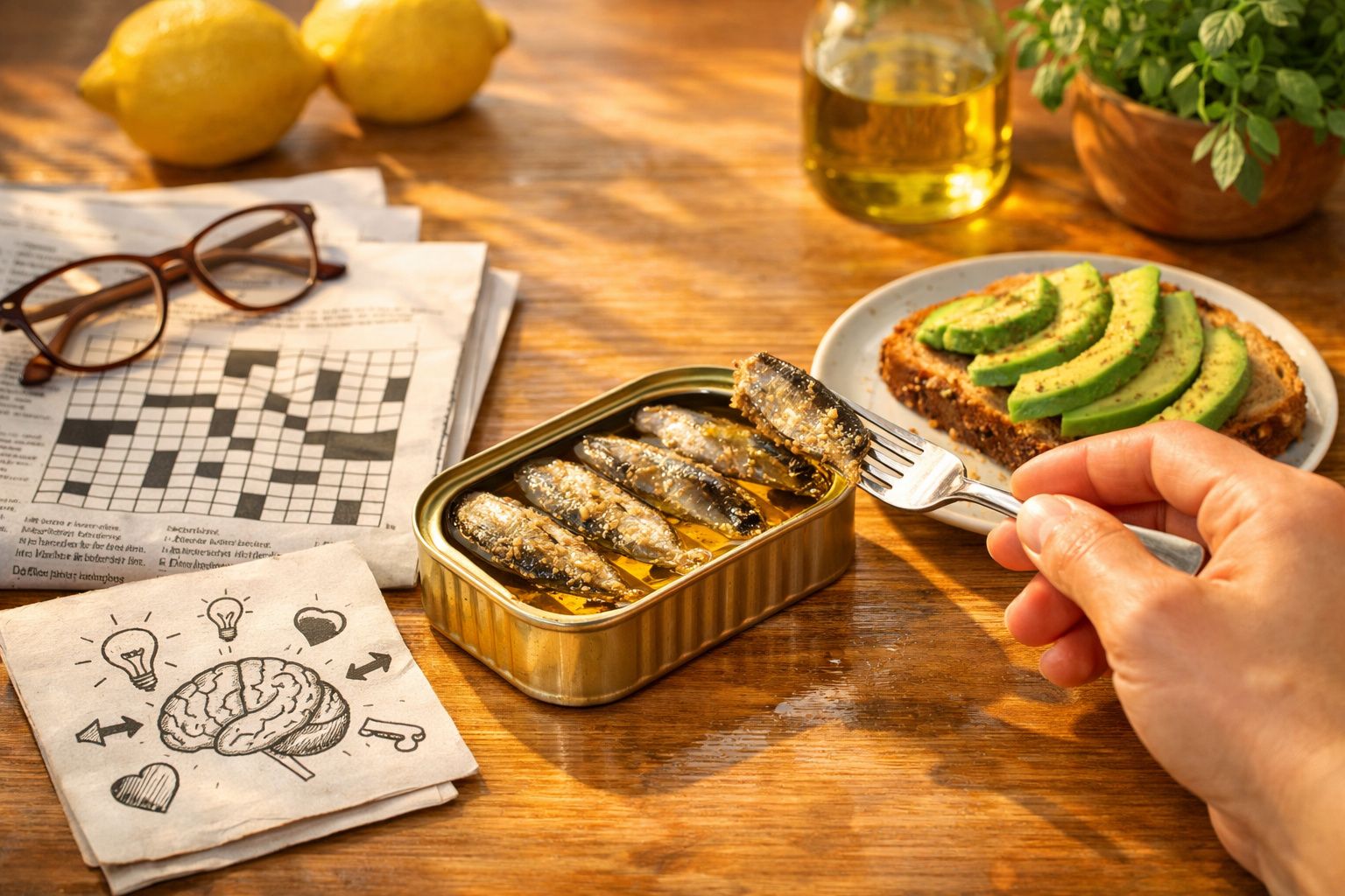 Lata aberta de sardinhas, torrada com abacate, mão com garfo, jornal, óculos e duas limas na mesa de madeira.