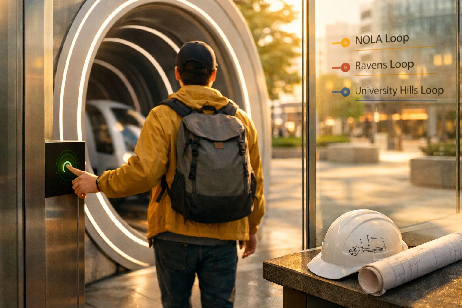 Homem com mochila ativa painel digital para entrar em túnel futurista, capacete e plantas num banco ao lado.