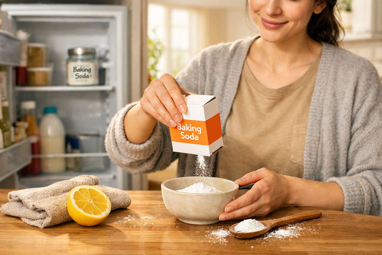 Pessoa a despejar bicarbonato de sódio numa tigela, com meio limão cortado e toalha à mesa.
