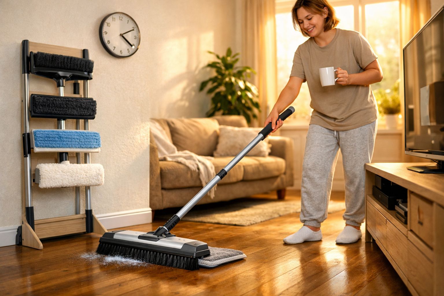 Mulher a aspirar chão de madeira na sala de estar, com caneca na mão e luz natural a entrar pela janela.
