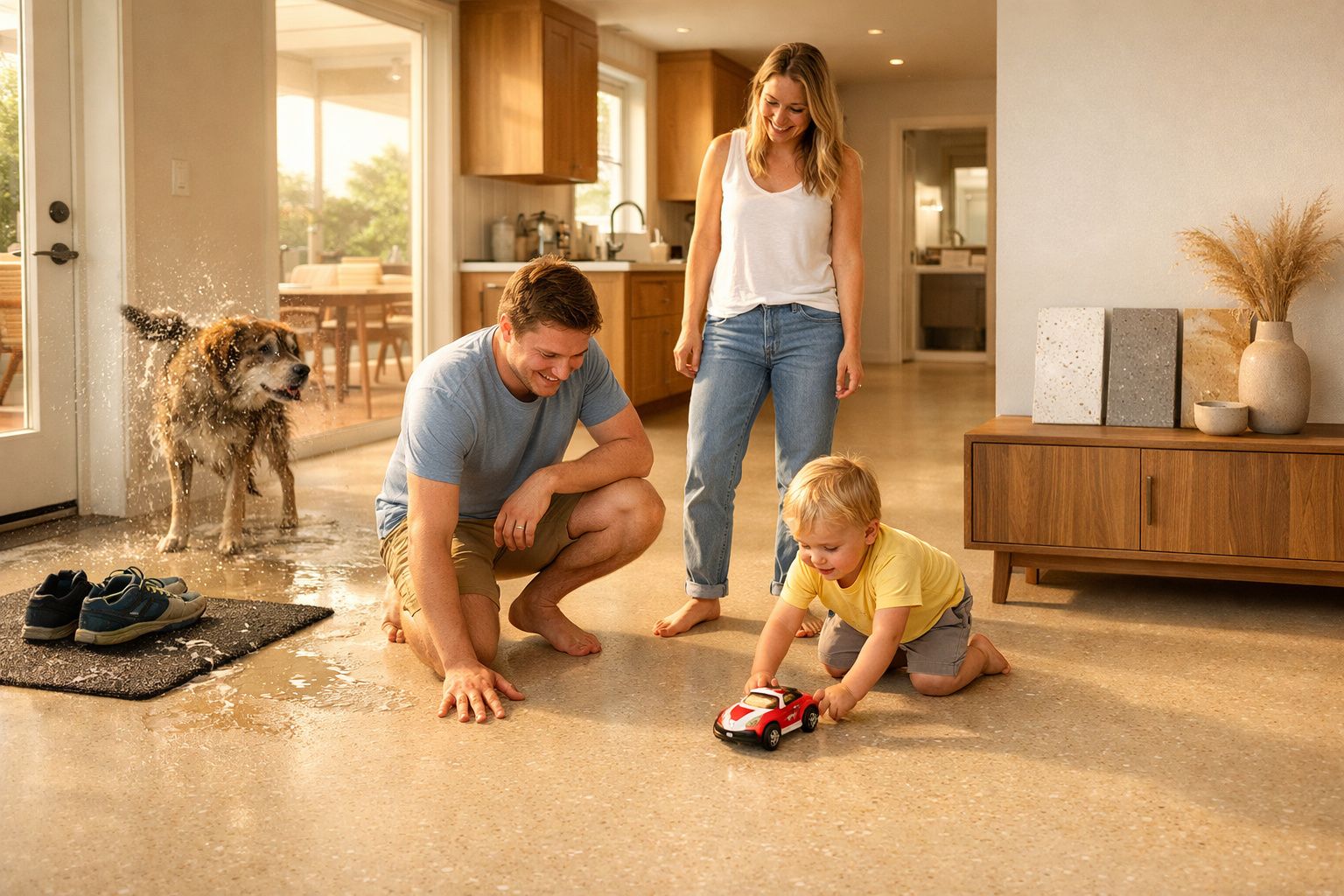 Criança a brincar com carro vermelho no chão, pais a observar sorrindo e cão molhado junto da porta.