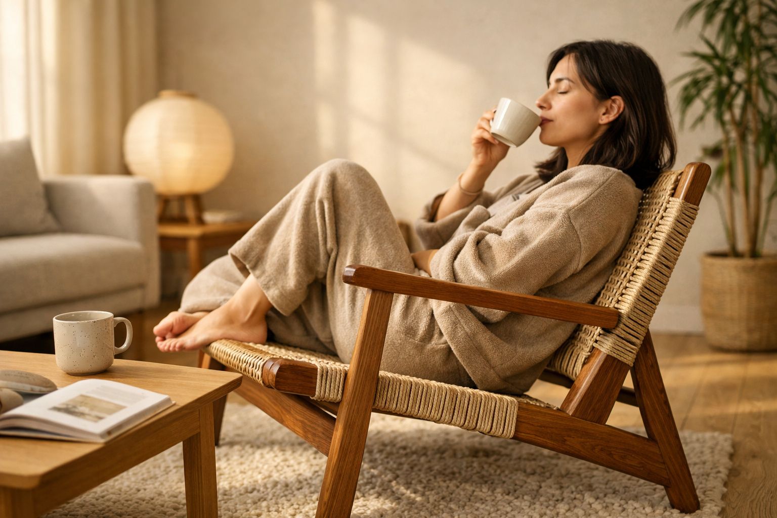 Mulher sentada numa cadeira de madeira confortável a beber uma chávena de chá numa sala acolhedora.