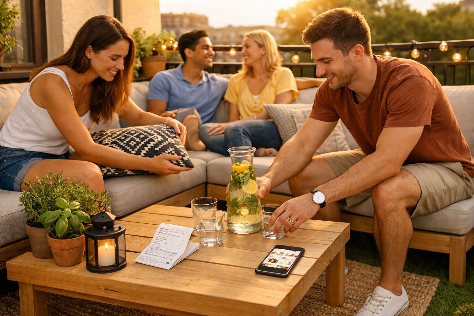 Quatro amigos sentados numa varanda confortável, a conversar e beber água com limão numa jarra.