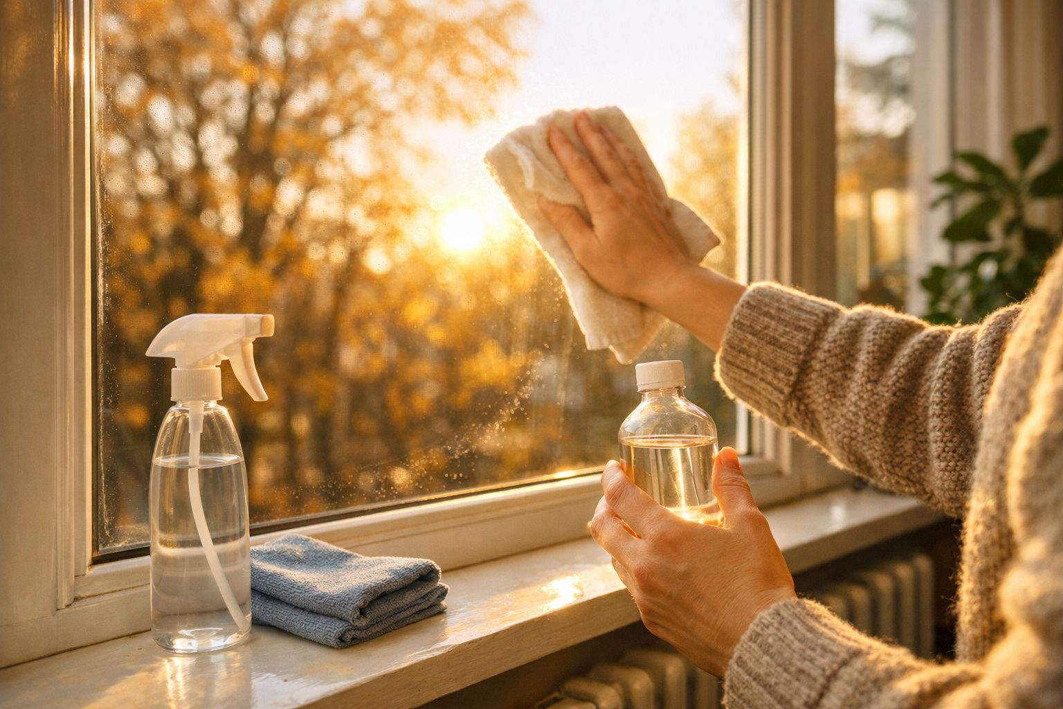 Pessoa a limpar vidraça com pano e líquido num dia ensolarado durante o outono.