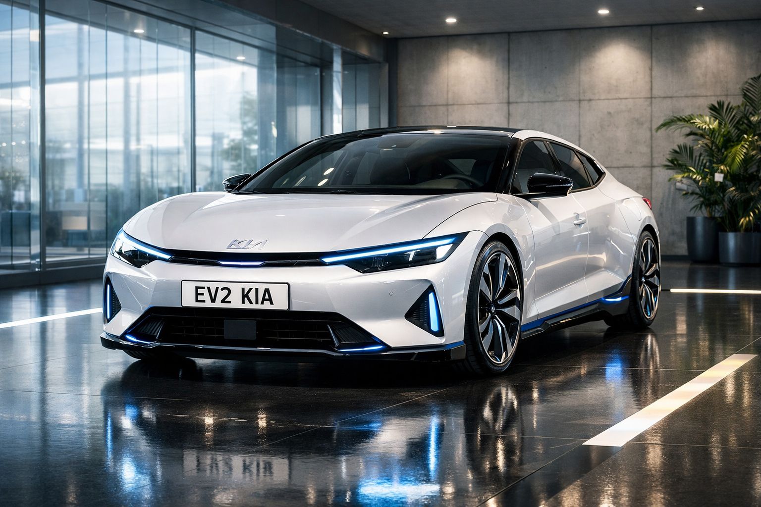 Automóvel elétrico branco KIA EV2 estacionado em espaço interior moderno com chão refletor.