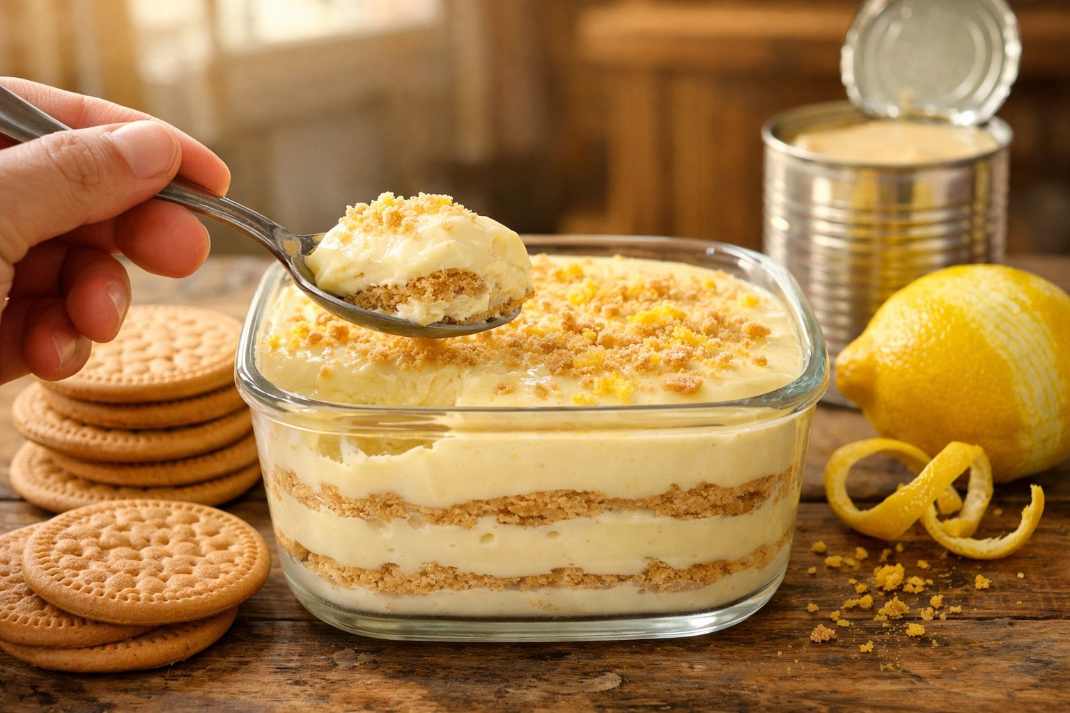 Pessoa a colher sobremesa cremosa com bolacha e limão num recipiente de vidro quadrado.