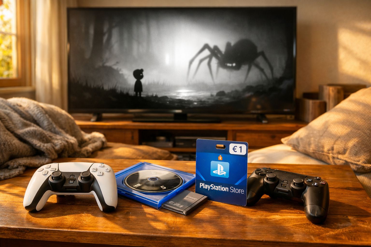 Mesa com comandos PlayStation, jogo em disco, cartão de presente e televisão com jogo de aranha assustadora.