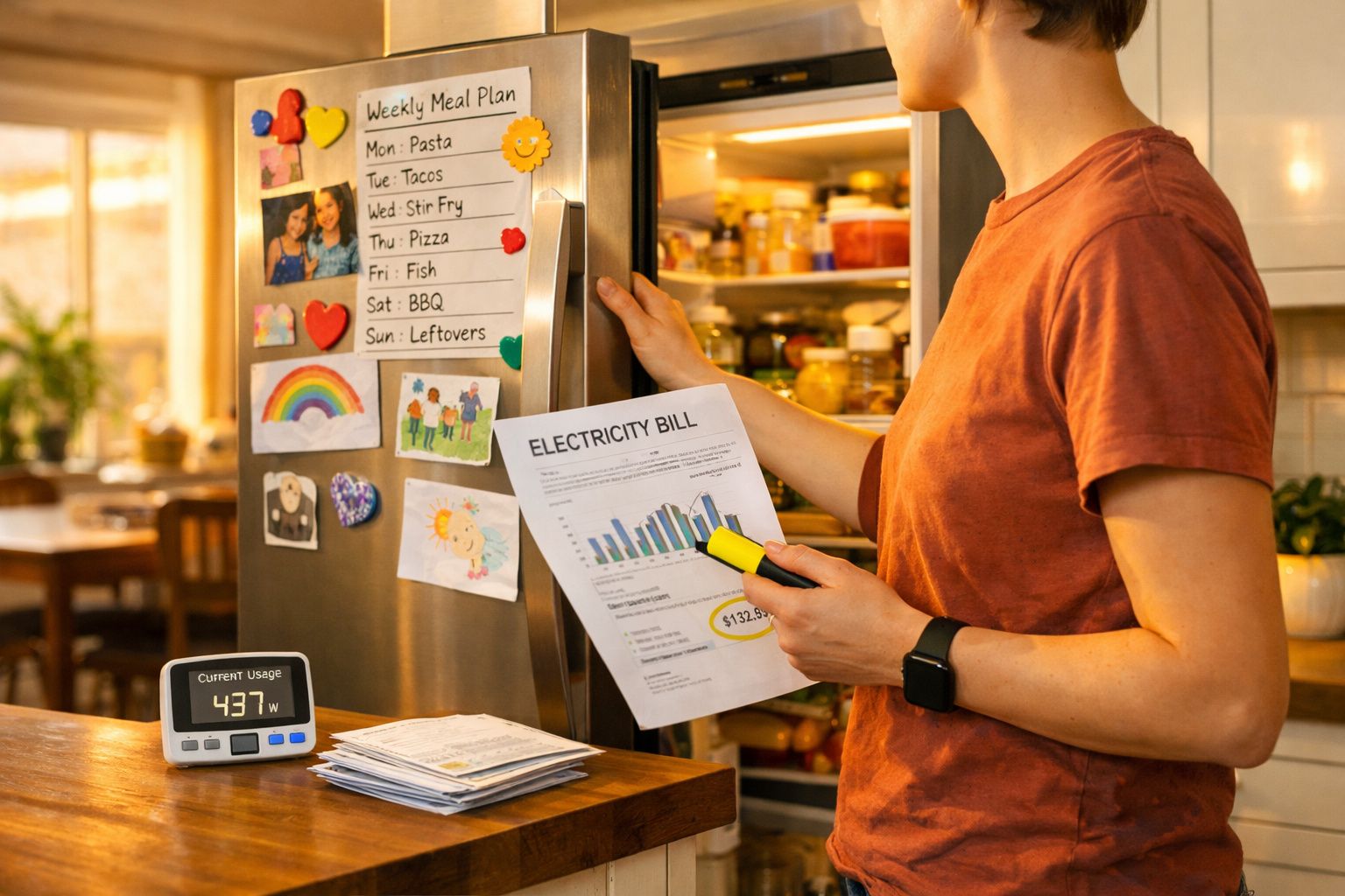 Pessoa ao lado do frigorífico aberto a analisar conta de electricidade com plano semanal de refeições ao fundo.