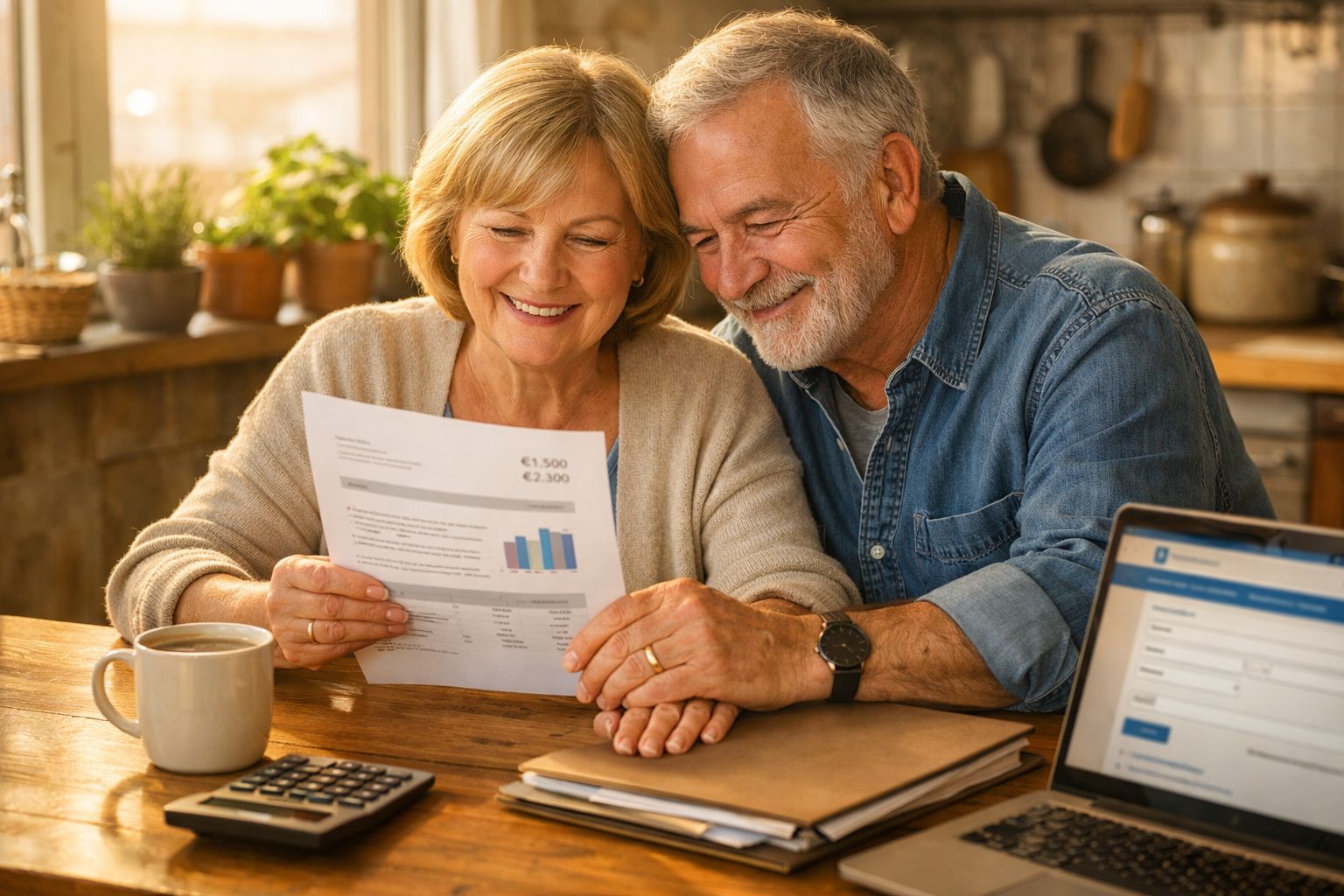 Casal sénior sorridente a analisar documentos financeiros numa mesa com laptop e calculadora.