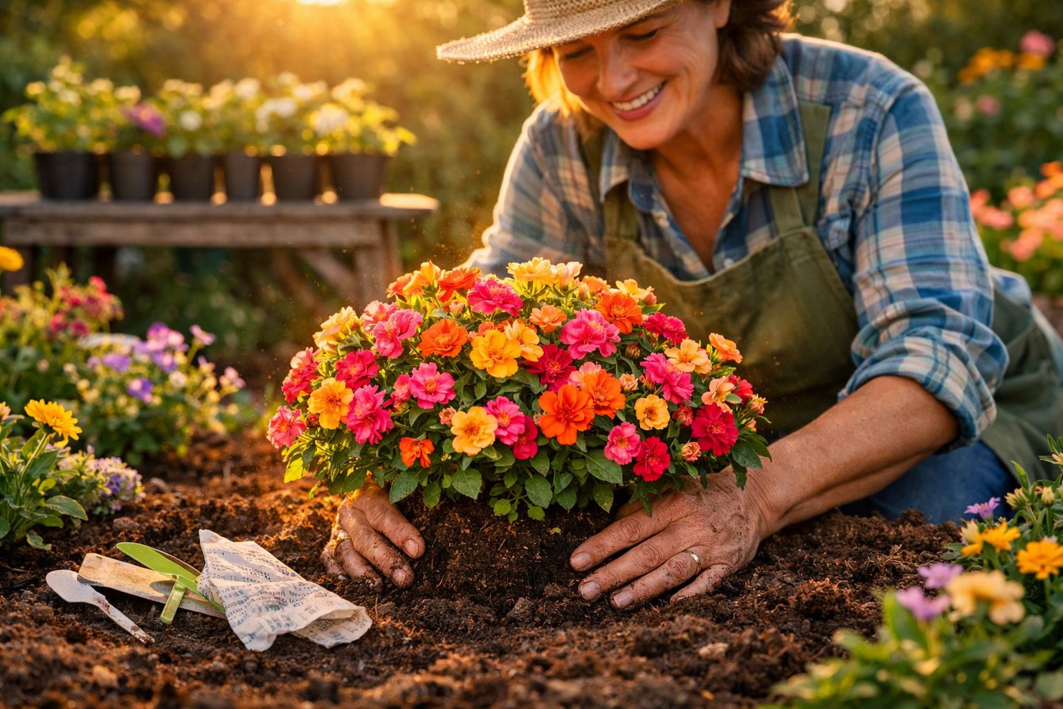 Mulher a plantar flor colorida num jardim ao pôr do sol, rodeada de outras flores e ferramentas de jardinagem.