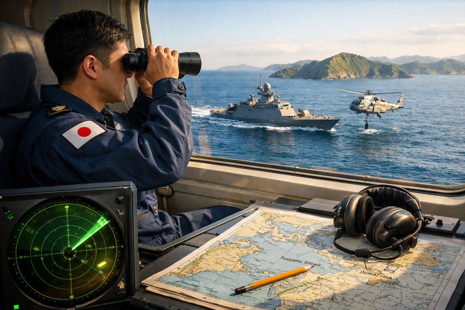 Militar japonês a observar com binóculos de uma embarcação, com navio e helicóptero no mar à vista.
