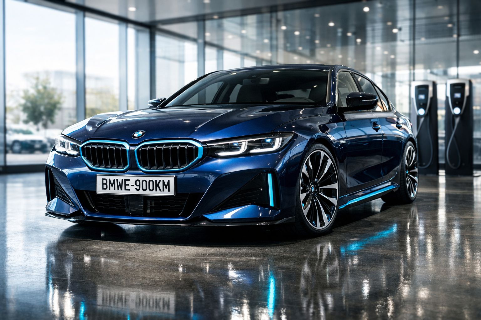 Carro desportivo BMW azul escuro estacionado em ambiente interior com postos de carregamento elétrico ao fundo.