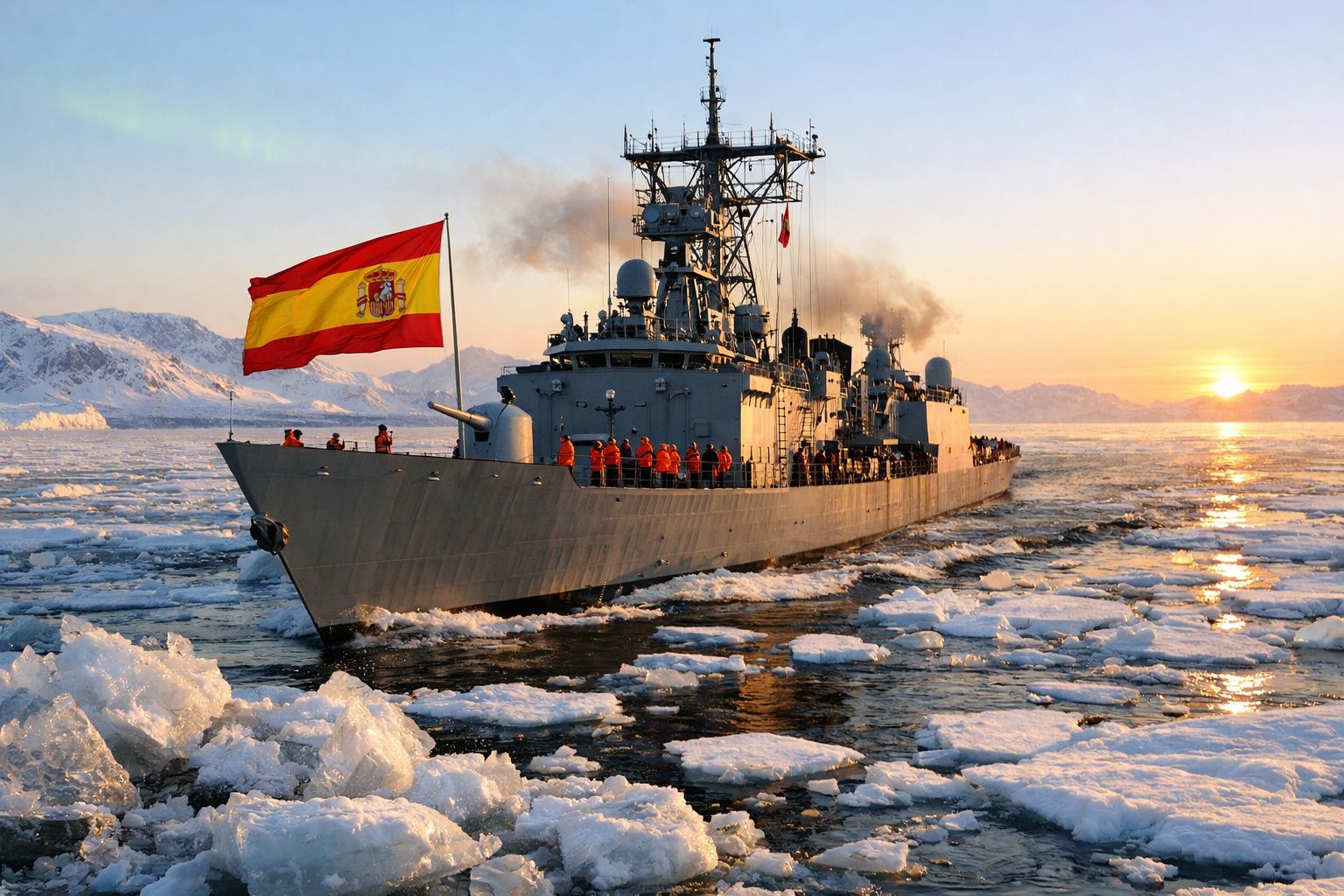 Navio de guerra espanhol navegando entre gelo no mar ao pôr do sol, com tripulação visível no convés.