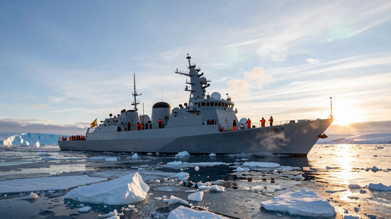 Navio militar em águas geladas com icebergs e pessoas de colete laranja no convés ao pôr do sol.