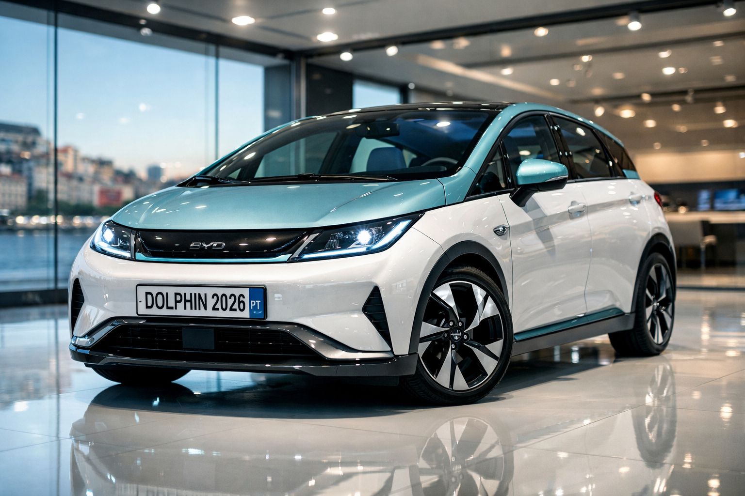 Carro elétrico BYD Dolphin 2026 branco e azul num showroom moderno com janelas amplas.
