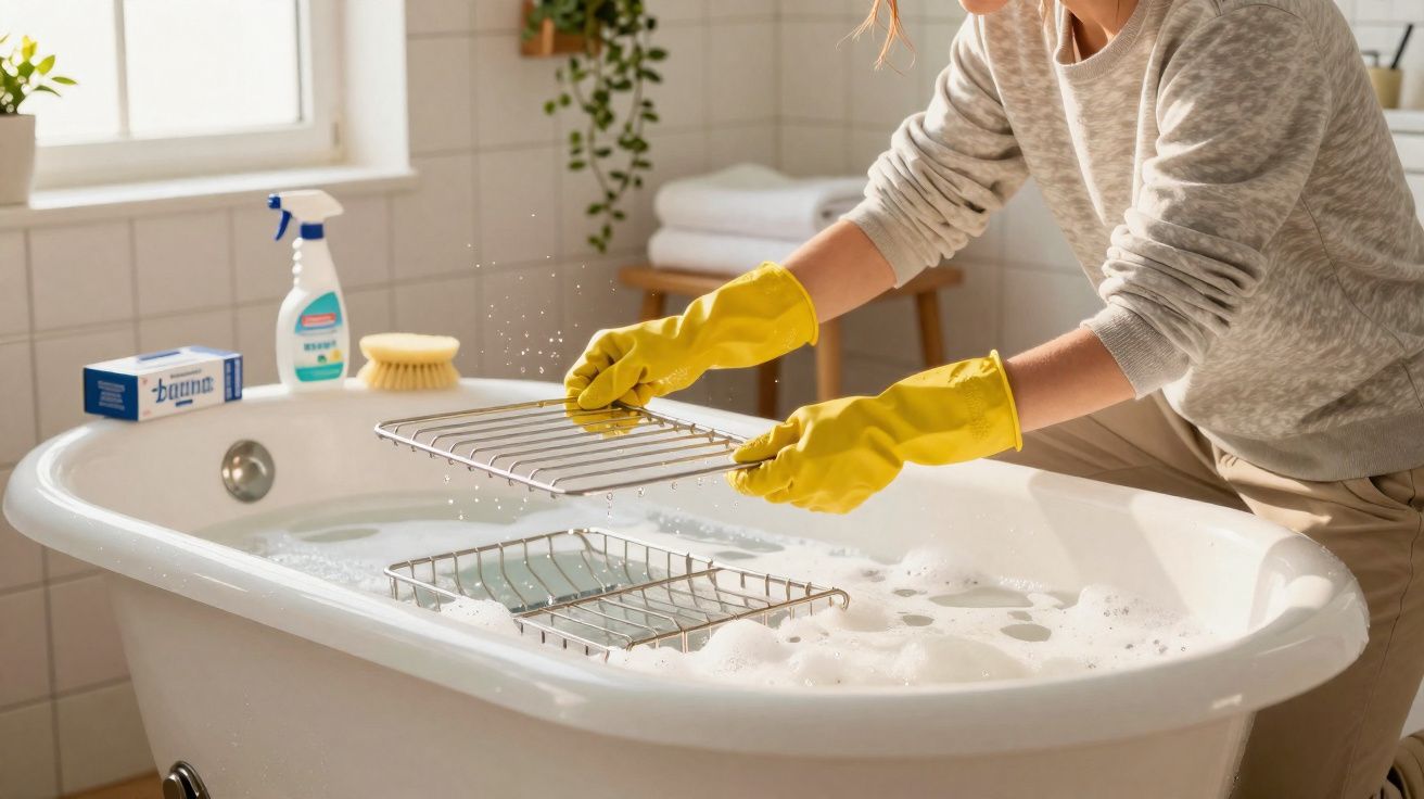 Pessoa com luvas amarelas a lavar grelhas metálicas numa banheira cheia de água com espuma.