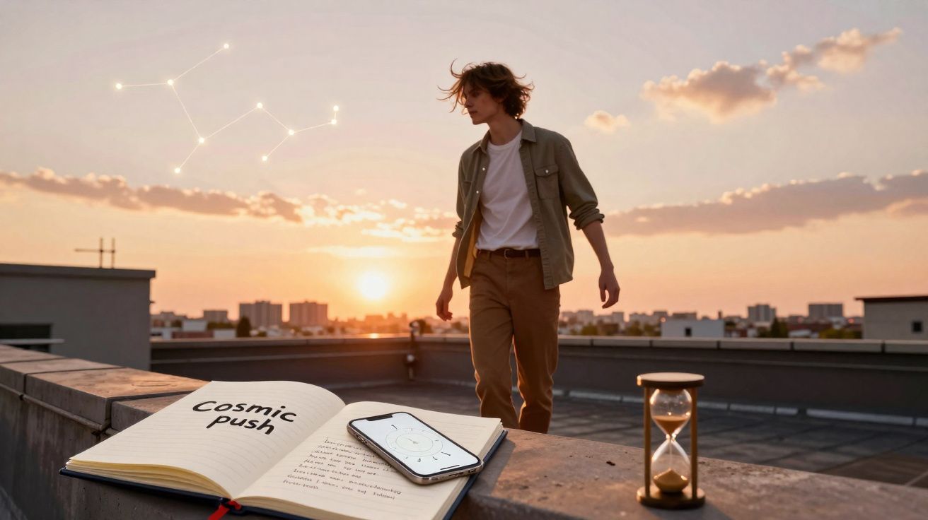Pessoa num terraço ao pôr do sol com livro, telemóvel e ampulheta, céu com constelação visível.
