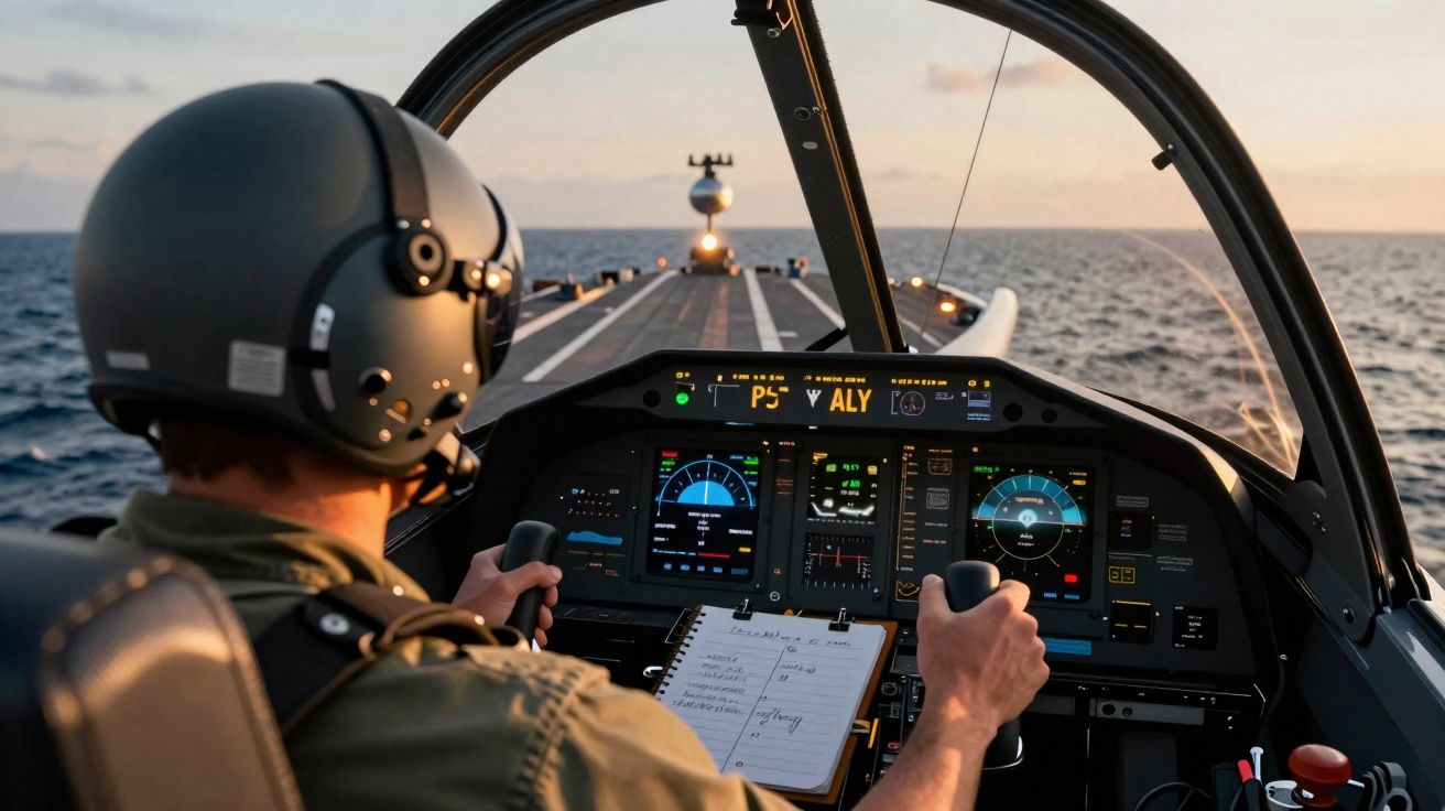 Piloto militar com capacete a controlar cockpit de avião, com vista para convés de porta-aviões no mar.