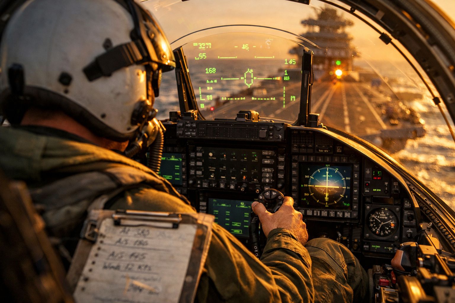 Piloto militar no cockpit de um avião durante um voo ao pôr do sol.