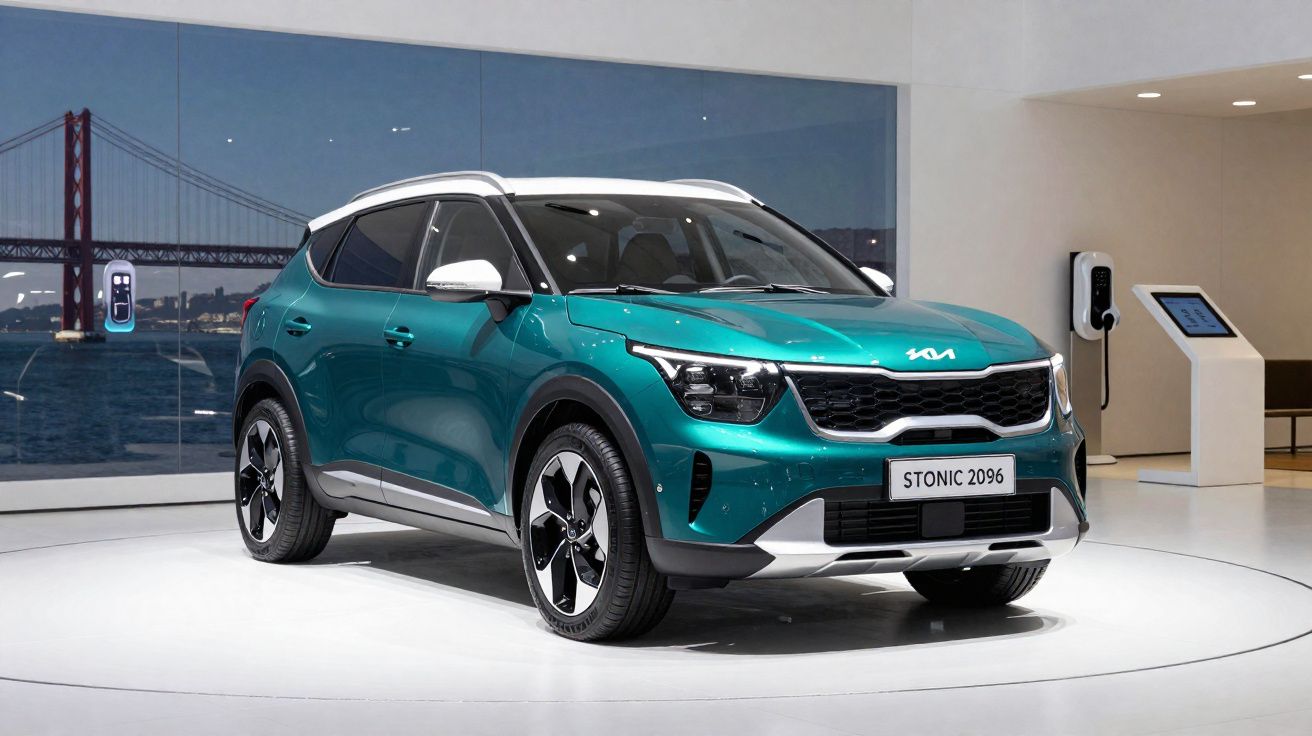 Carro elétrico Kia Stonic cor verde exposto em showroom moderno com carregador e ecrã digital.