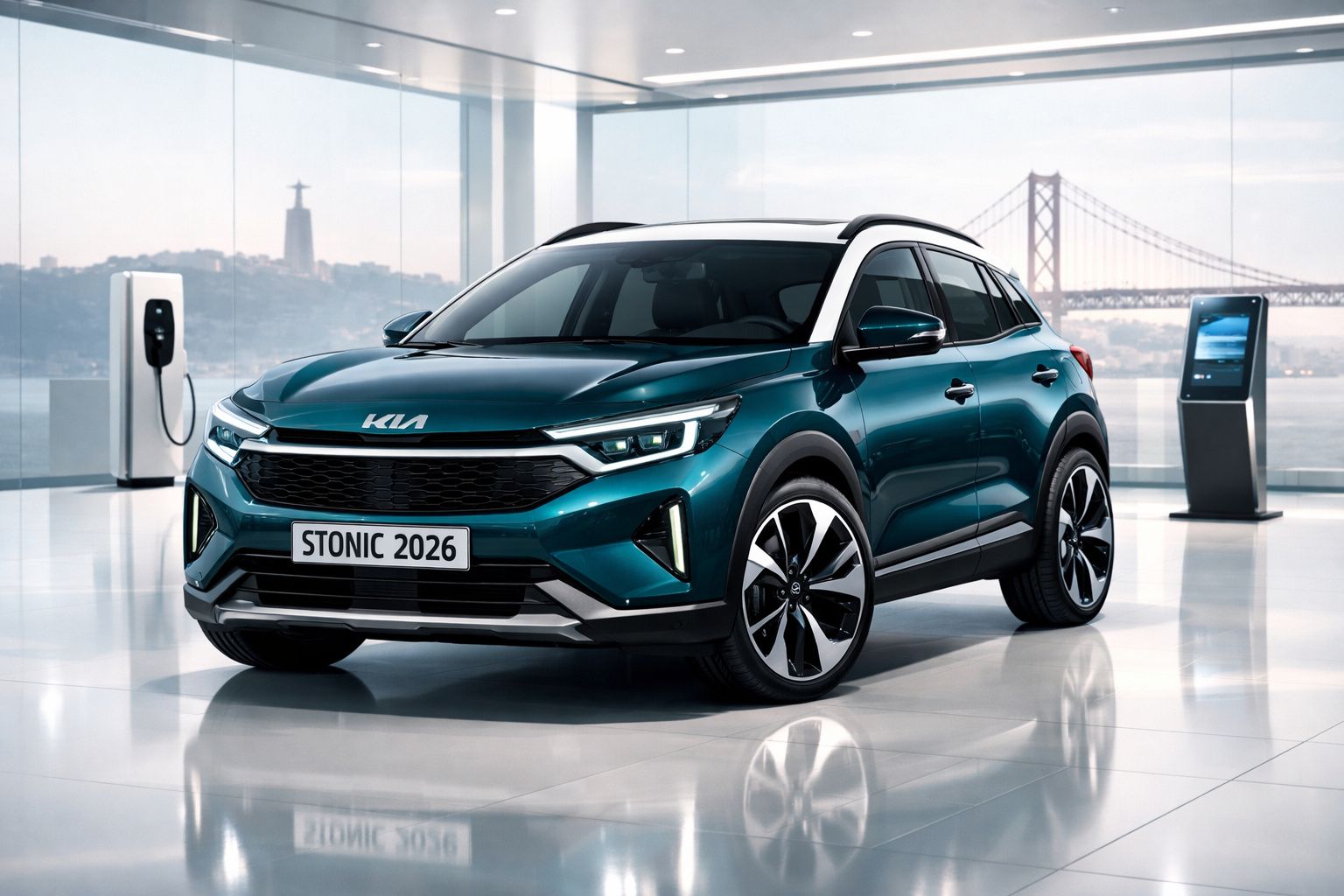 Automóvel Kia Stonic 2026 azul estacionado em espaço moderno com carregador elétrico e vista para ponte.