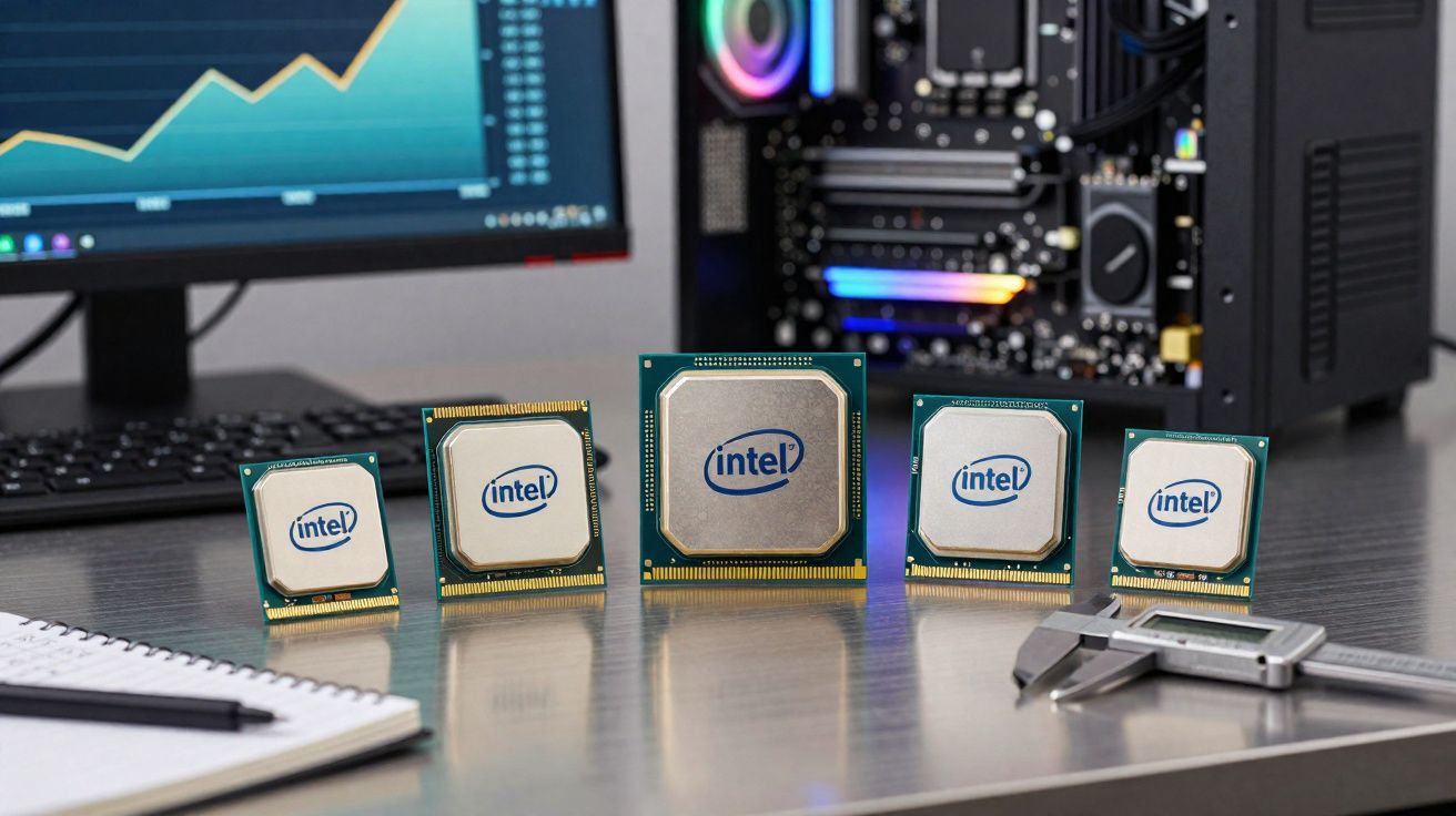 Cinco processadores Intel alinhados numa mesa com computador, monitor e paquímetro ao lado.