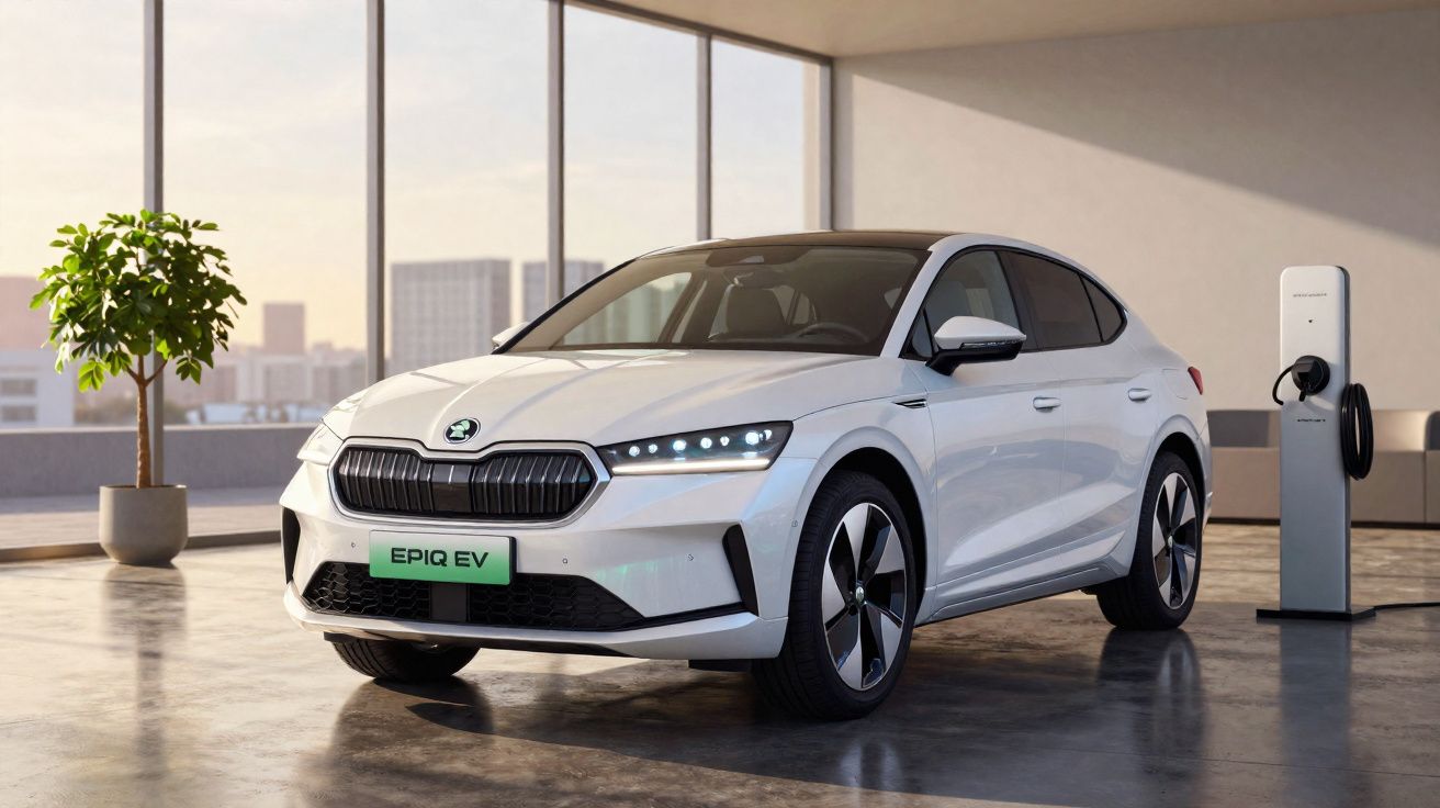 Carro elétrico branco Skoda EPIQ EV a carregar numa estação numa garagem moderna com janelas amplas.