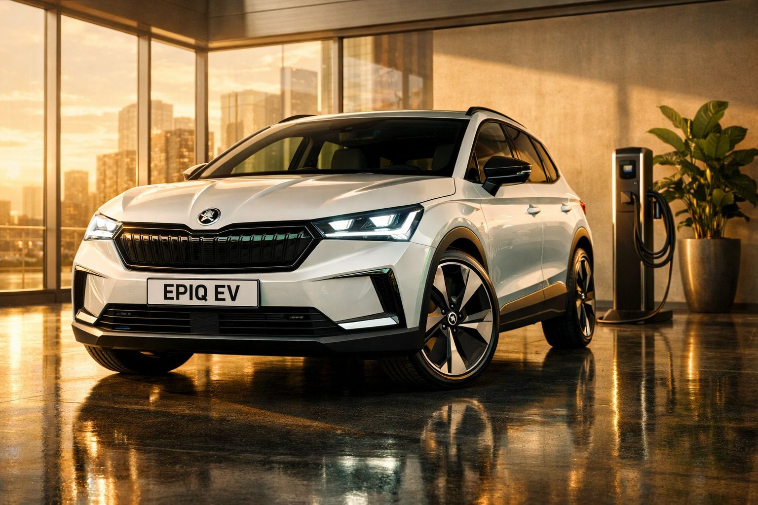 Carro elétrico moderno branco modelo EPIQ EV carregando numa estação interior com luz dourada.