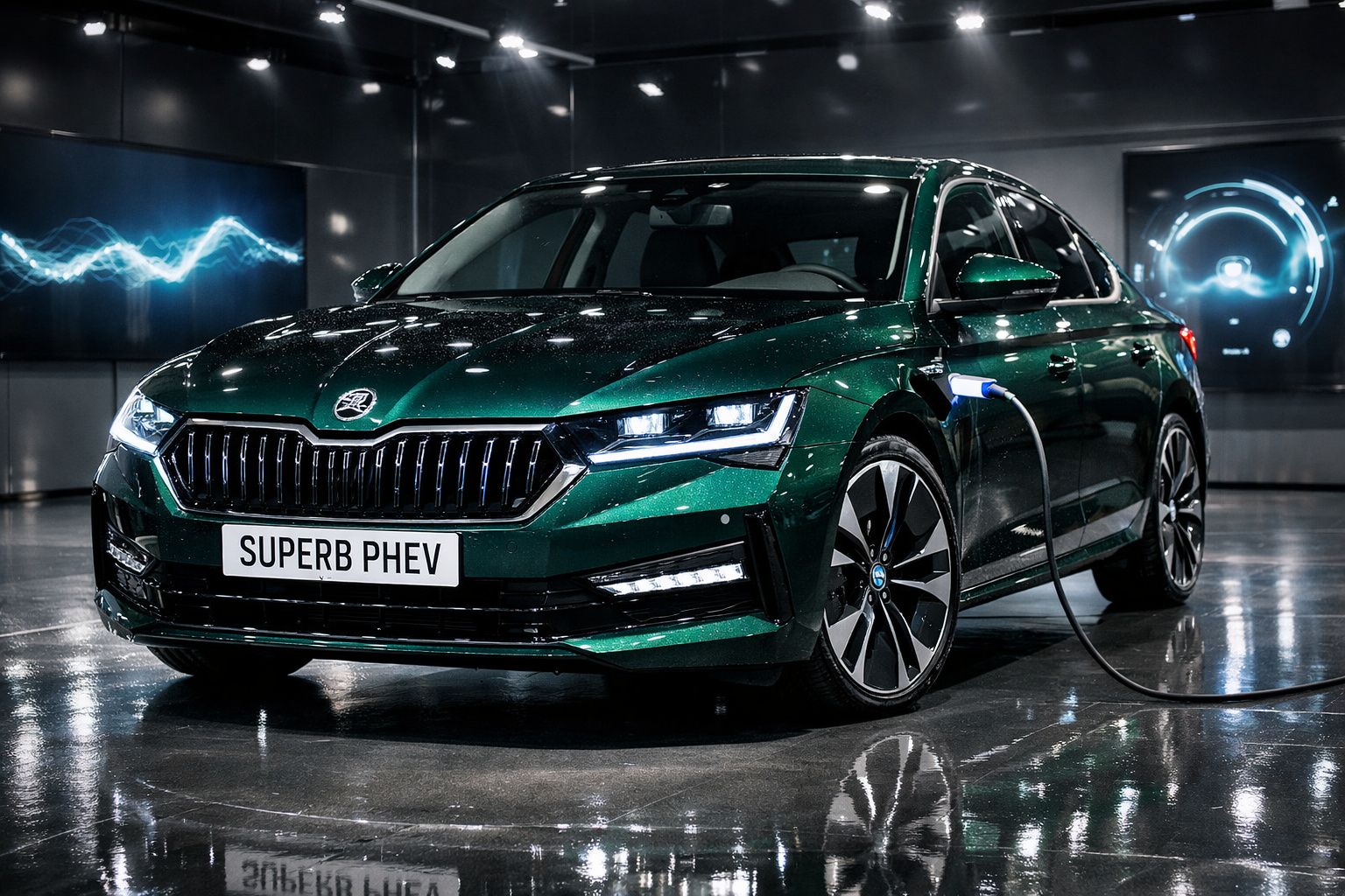 Automóvel elétrico verde esmeralda plugado a carregador num espaço moderno e iluminado com luzes LED.