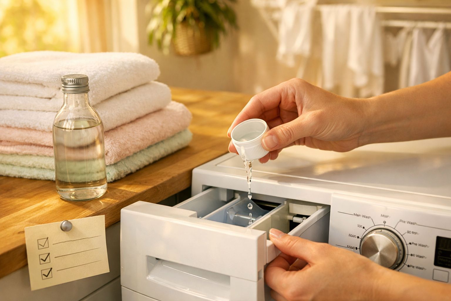 Pessoa a adicionar detergente líquido na máquina de lavar roupa com toalhas empilhadas ao lado.