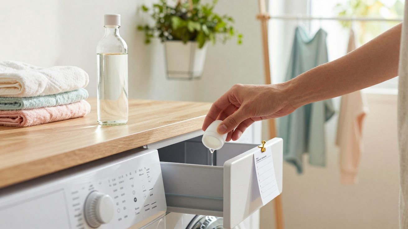 Pessoa a verter detergente líquido na gaveta da máquina de lavar roupa numa lavanderia iluminada.