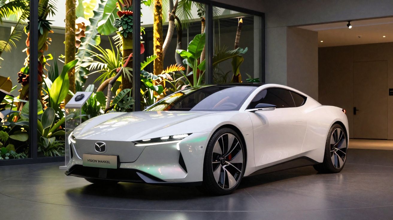Carro desportivo elétrico branco Mazda Vision Mankel exibido em ambiente interior moderno com plantas tropicais.