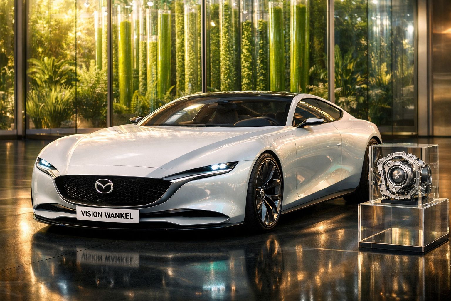 Carro desportivo branco Mazda Vision Wankel exposto em espaço moderno com motor em stand ao lado.