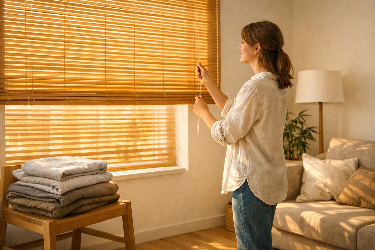 Mulher a abrir estores numa sala iluminada com roupa dobrada numa mesa e sofá com almofadas.